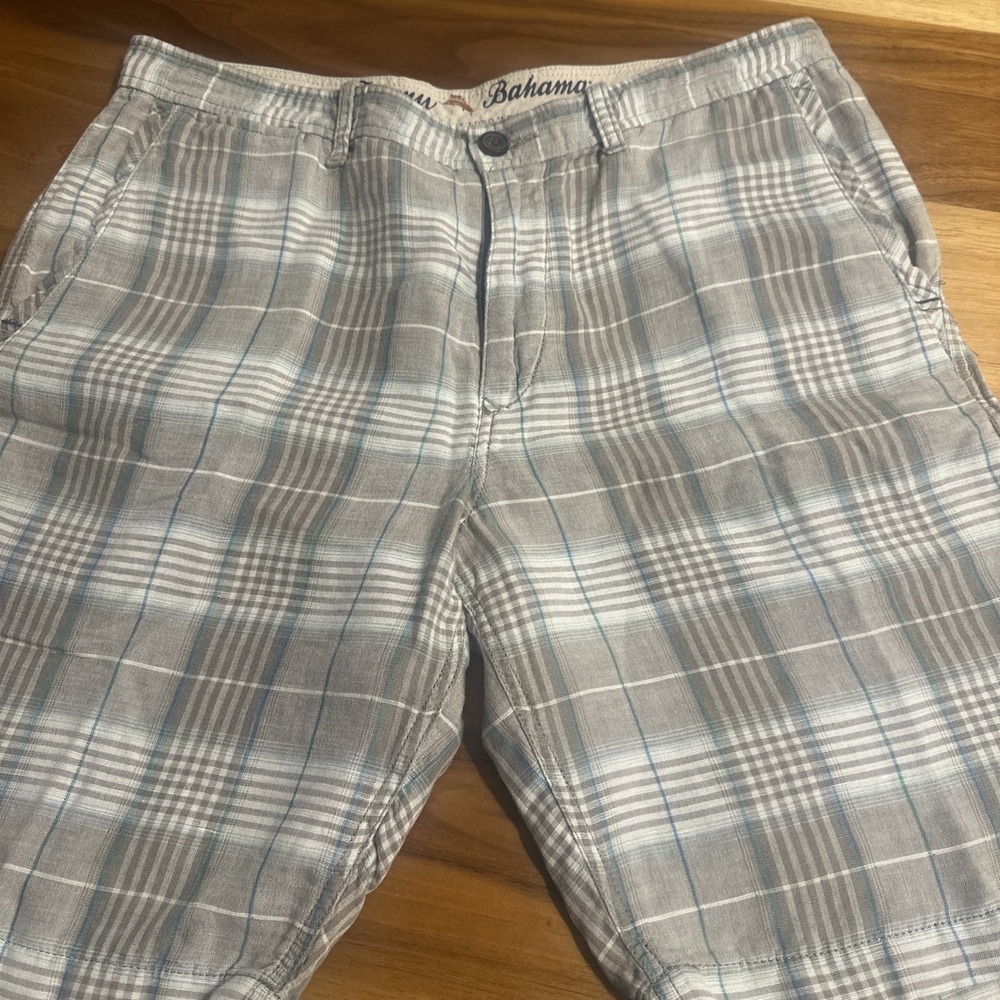 Tommy Bahama Mens 34 Gray Brown Plaid Linen Tencel Blend Shorts 10in Inseam